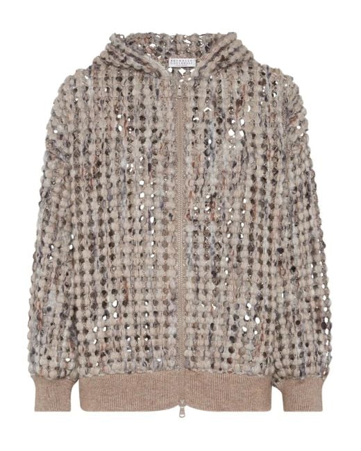 Brunello Cucinelli Brown Balloon Sequin-Embellished Zip-Up Cardigan
