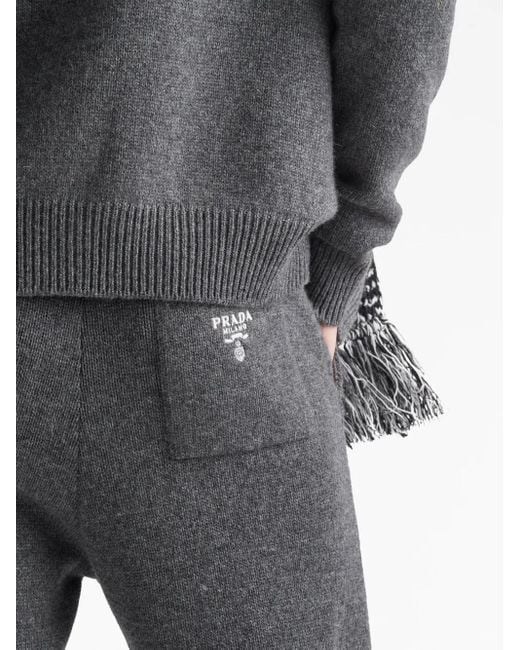 Prada Gray Logo-Embroidered Cashmere Trousers for men