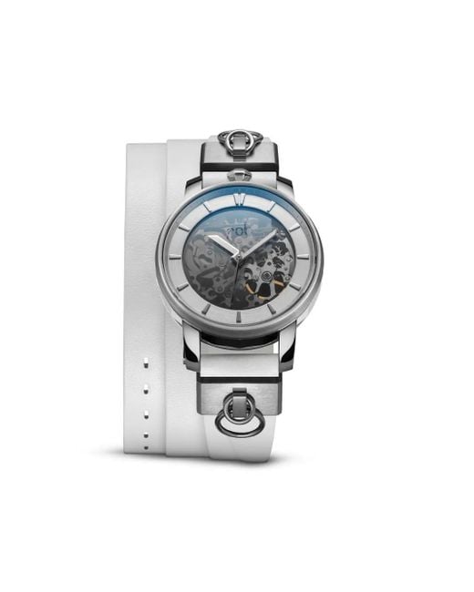 Fob Paris White Stainless Steel Skeleton Automatic Watch