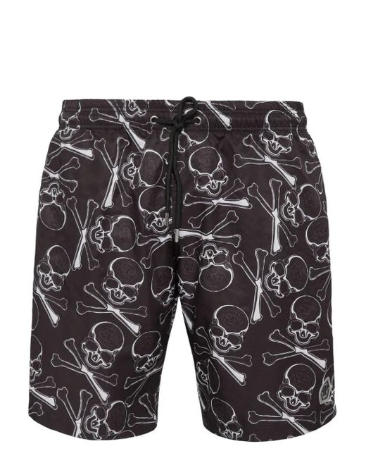 Philipp Plein Gray Skull-Print Drawstring Swim Trunks for men