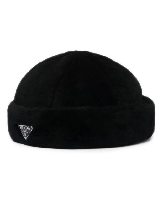 Prada Black Logo Plaque Shearling Hat for men