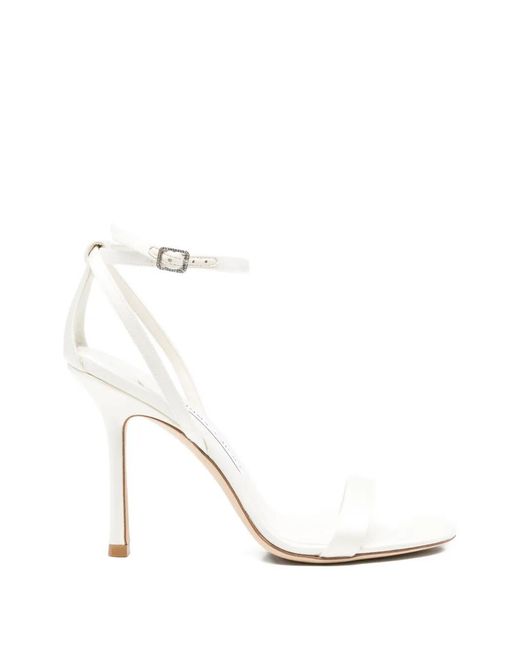Jimmy Choo White Moza Crystal-Buckle Ankle-Strap Sandals