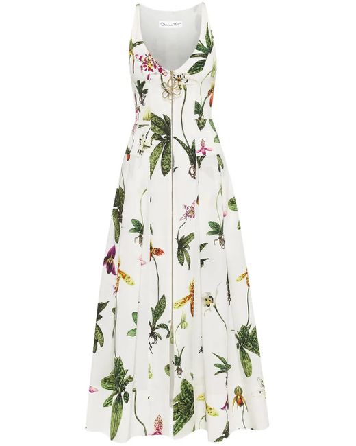 Oscar de la Renta White Orchid Zip-Front Poplin Dress