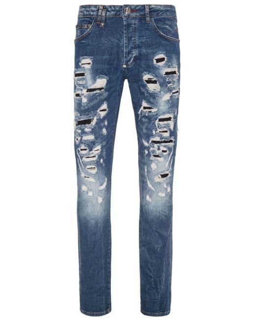 Philipp Plein Halbhohe Slim-Fit-Jeans im Distressed-Look in Blue für Herren