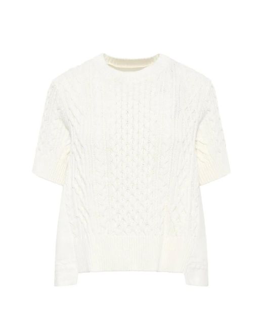 Sacai White Cable-Knit Panelled Short-Sleeve Sweater