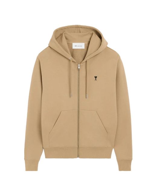 AMI Natural Zipped Cotton Hoodie With Ami De Coeur for men