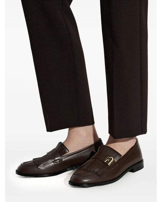 Furla White Fringe-Detail Logo-Plaque Loafers
