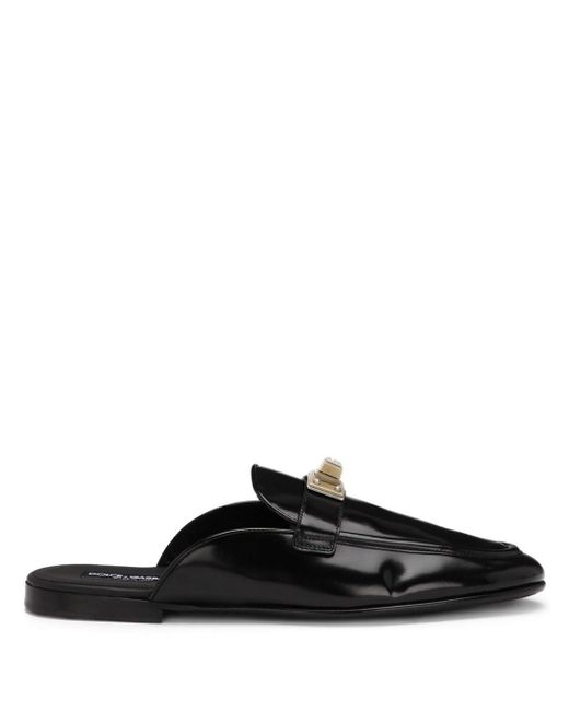 Slippers con placca logo in pelle di Dolce & Gabbana in Black da Uomo