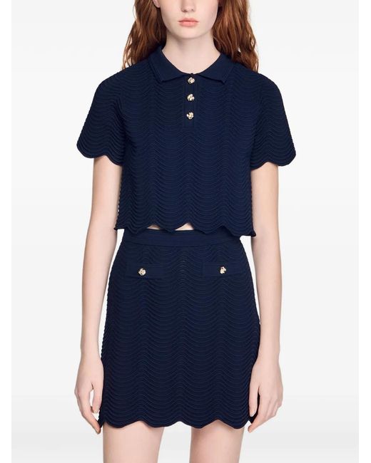 Sandro Blue Scalloped Cropped Polo Top