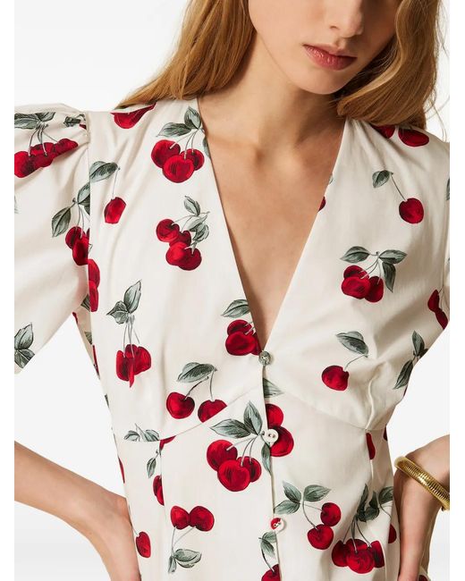 Twinset White V-Neck Cherry-Print Mini Dress