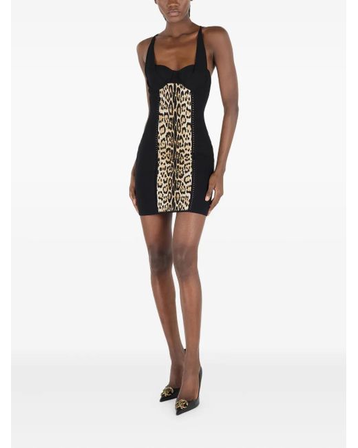 Roberto Cavalli Black Jaguar-Print Panelled Mini Dress