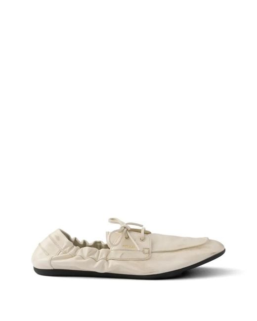 Prada White Shuffle Antiqued Leather Boat Shoes