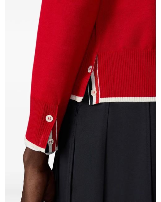 Thom Browne Red Merino Wool 4-Bar Relaxed Fit V-Neck Cardigan
