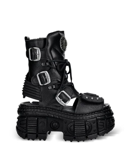 New Rock Black Buckle-Fastening Platform Sandals