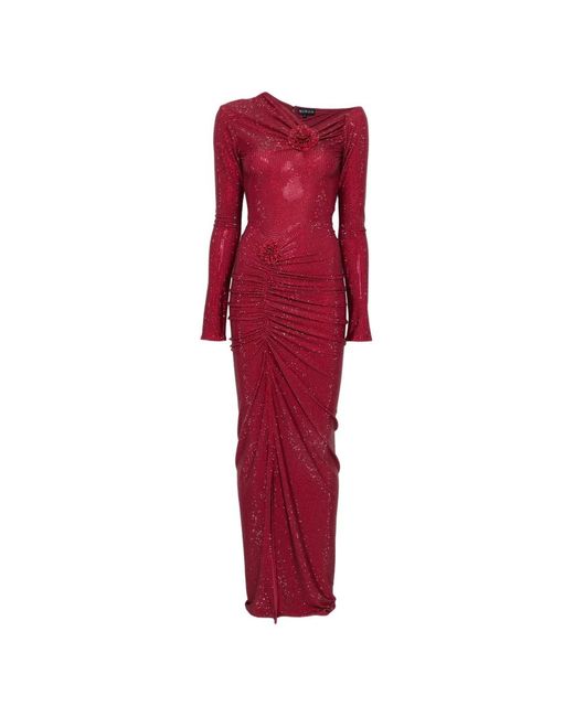 Miron Red Crystal-Embellished Flower-Accent Maxi Dress