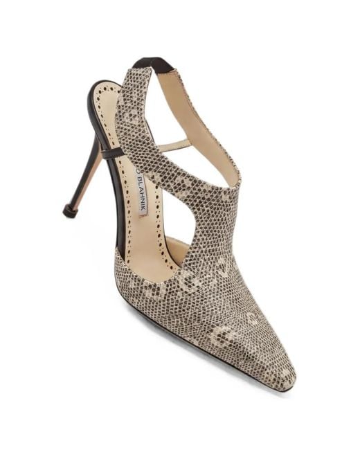 Manolo Blahnik White Polignac Snakeskin-Pattern Mules