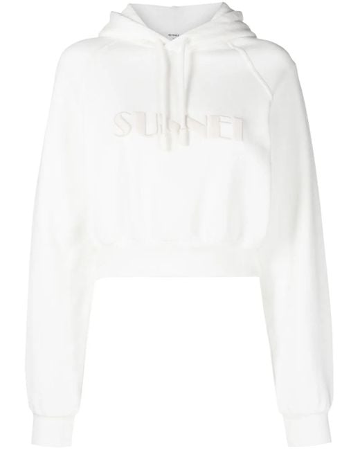 Sunnei White Cropped Logo-Print Cotton Hoodie