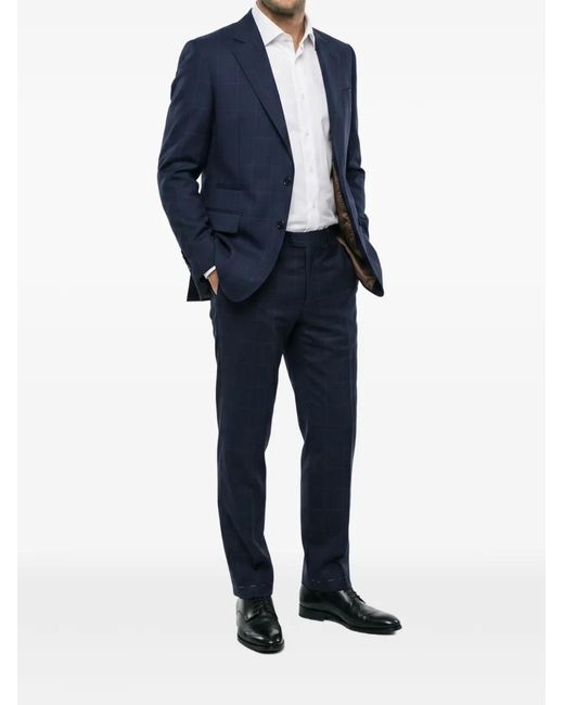 Brunello Cucinelli Blue Windowpane-Pattern Virgin Wool Suit for men