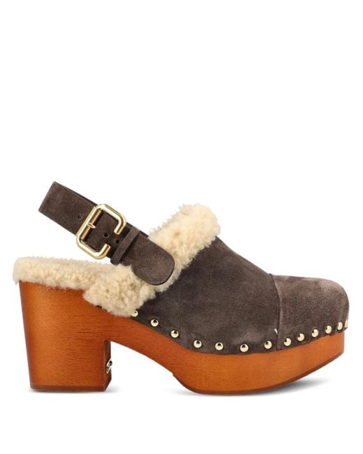 Chloé Brown 80Mm Shearling-Trimmed Studded Clogs