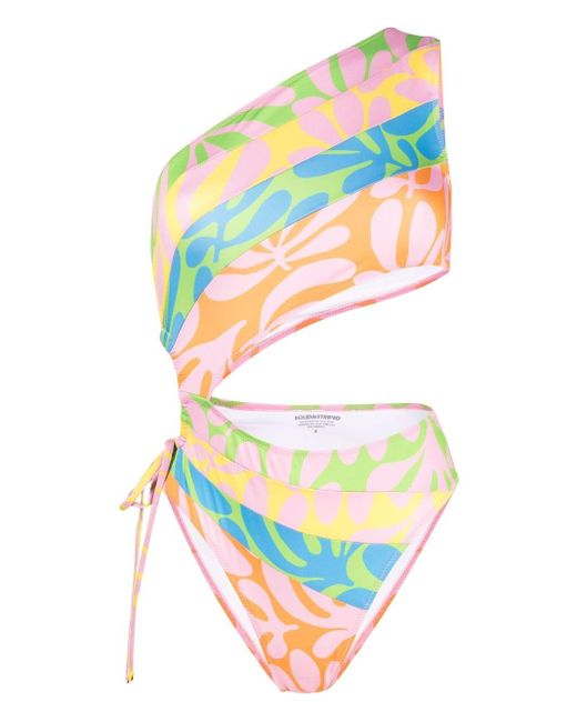 Solid & Striped White Leaf-print Asymmetric Swimsuit
