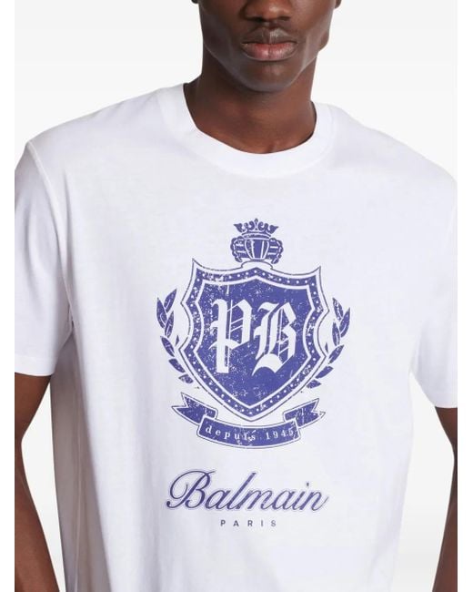 Balmain White College Emblem Print Short-Sleeved T-Shirt for men