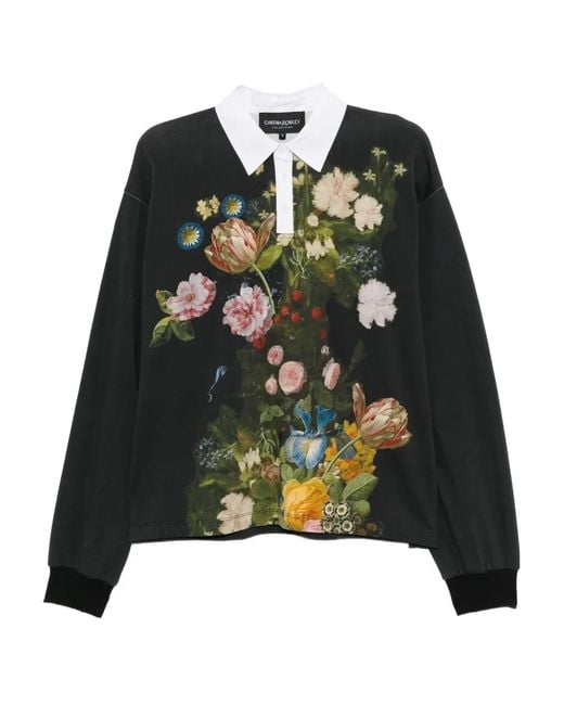 Cynthia Rowley Black Floral-Print Polo Collar Sweatshirt