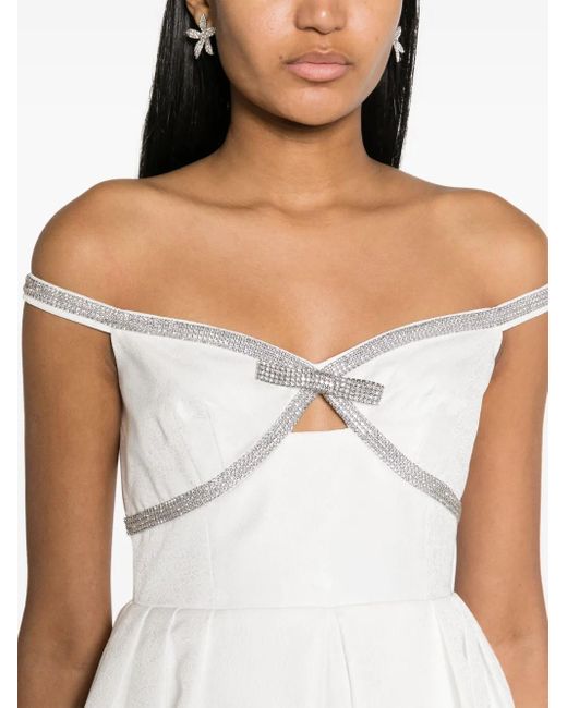 Self-Portrait White Diamanté-Trim Off-Shoulder Minidress