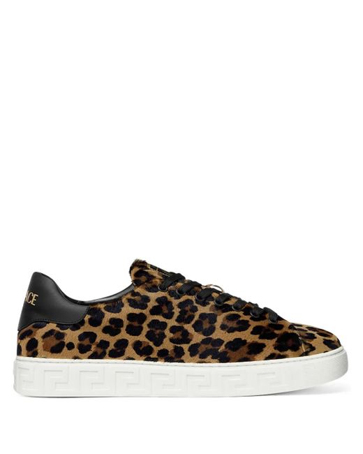 Versace Black Greca Leopard-Print Sneakers for men