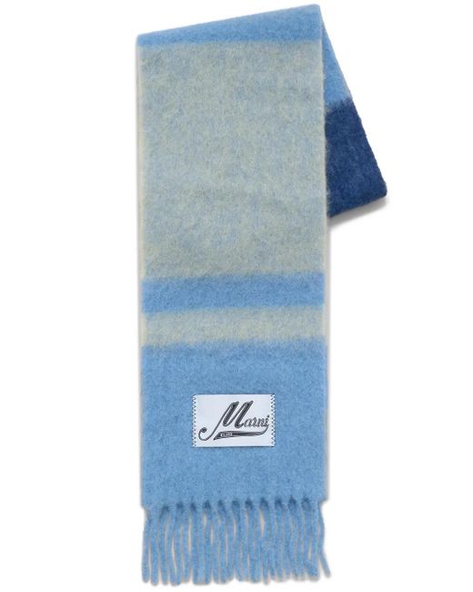 Marni Blue Fringed Brushed-Knit Scarf