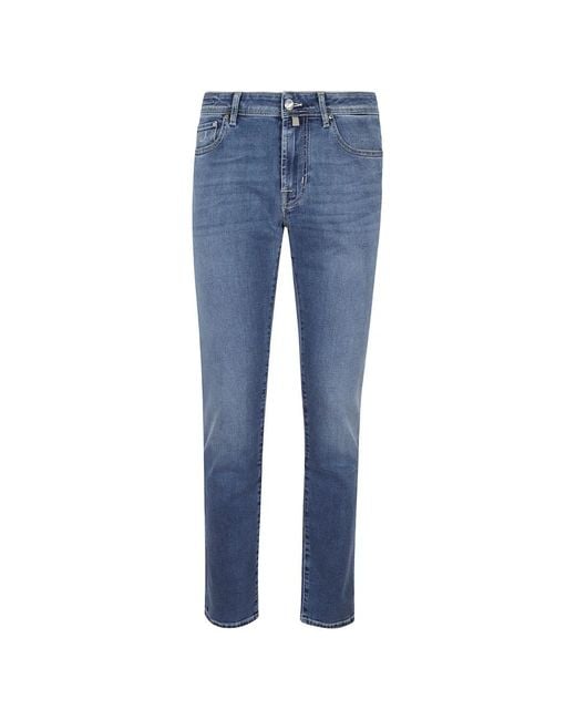 Jacob Cohen Blue Logo-Embroidered Whiskered Jeans for men