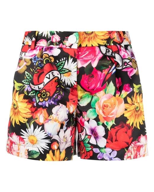 Philipp Plein Black Love Flowers Floral-Print Shorts