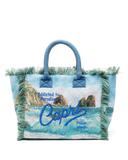 Mc2 Saint Barth Blue Slogan-embroidered Frayed-edges Beach Bag