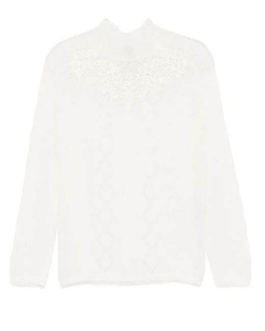 Twinset White Lace-Detail Cable Knit Sweater