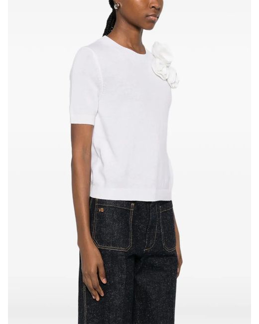 Allude White Flower-Appliqué T-Shirt