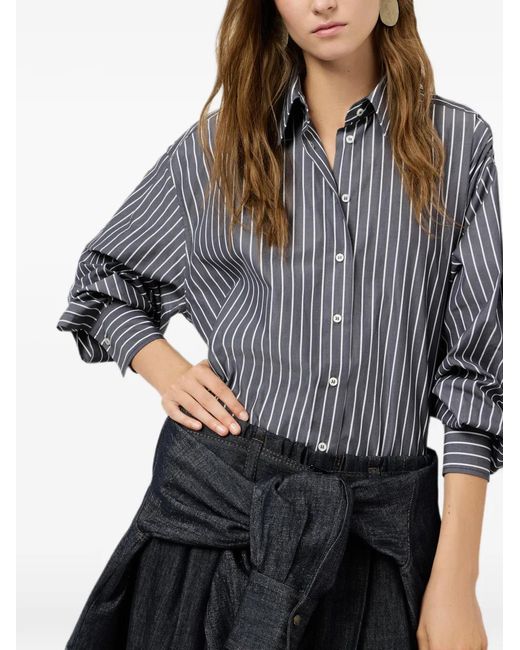 Brunello Cucinelli Gray Striped Cotton Poplin Shirt