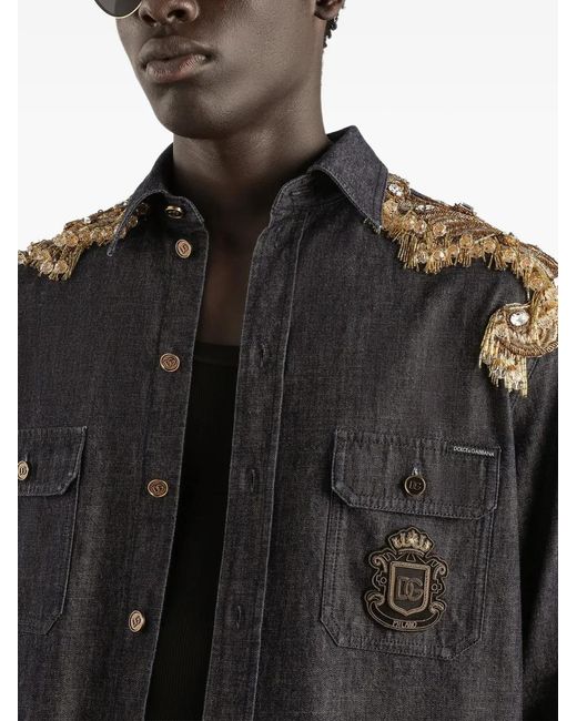 Dolce & Gabbana Black Embellished Logo-Patch Shirt for men