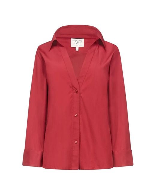 Twp Red V-Neck Spread-Collar Shirt