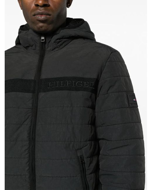 Tommy Hilfiger Black Logo-Embroidered Padded Hooded Jacket for men