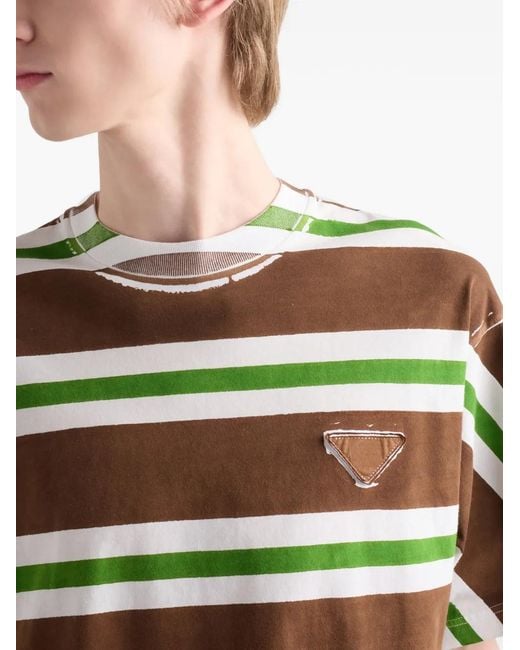 Prada Green Striped Logo-Patch T-Shirt for men