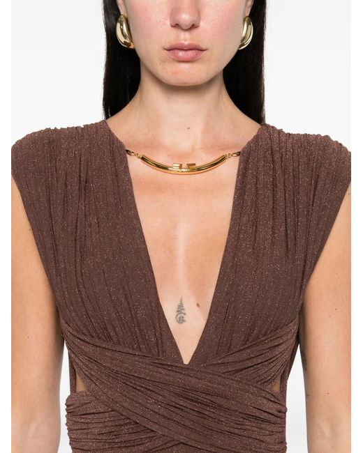 Elisabetta Franchi Brown Pleated Cross-Detail Dress