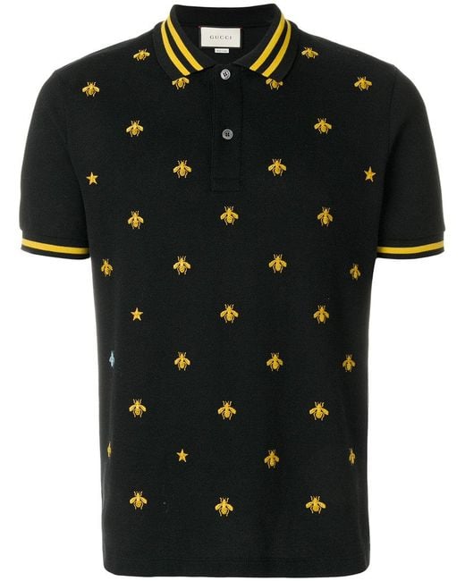 Gucci Black Embroidered Bee Polo Shirt for men