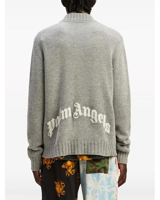 Palm Angels Gray Curved-Logo Wool-Blend Cardigan for men