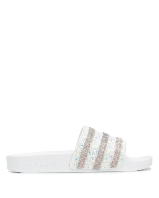 Adidas White Adilette Glitter Slides