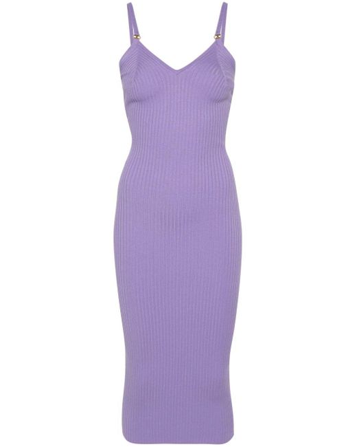Elisabetta Franchi Purple V-neck Ribbed Midi Dress