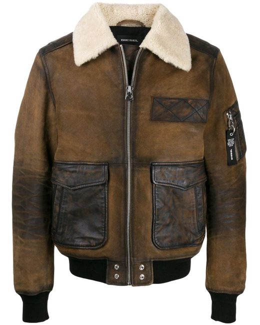 DIESEL Brown Aviator Jacket In Crust Leather for men
