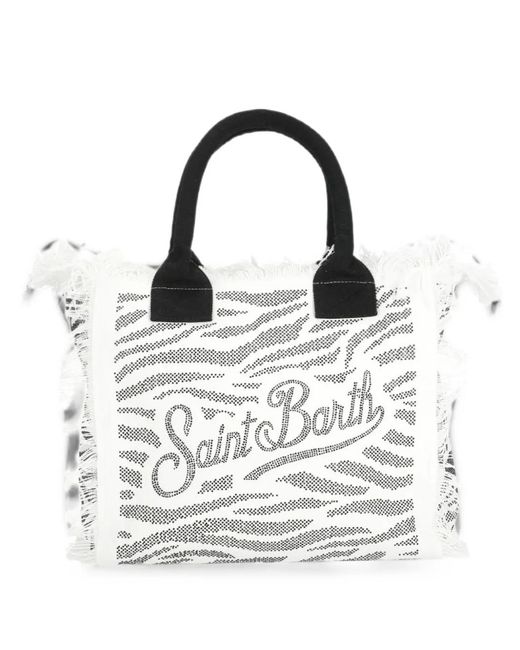 Mc2 Saint Barth White Vanity Zebra-Print Frayed Tote Bag