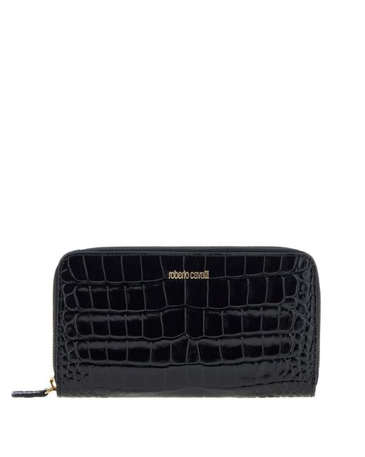 Roberto Cavalli Black Croc-Effect Zip-Around Wallet