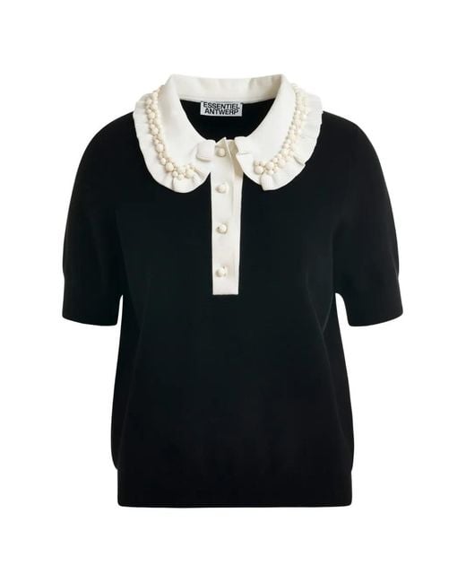 Essentiel Antwerp Black Jewelry Ruffled Beaded Polo Shirt