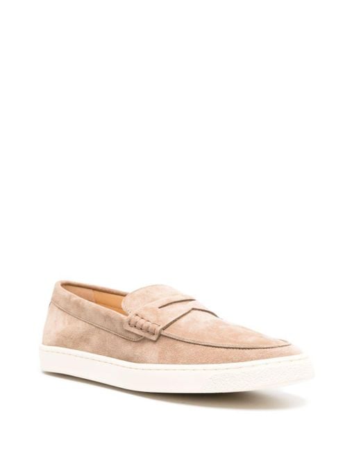 Brunello Cucinelli Pink Logo-Embroidered Suede Penny Loafers for men