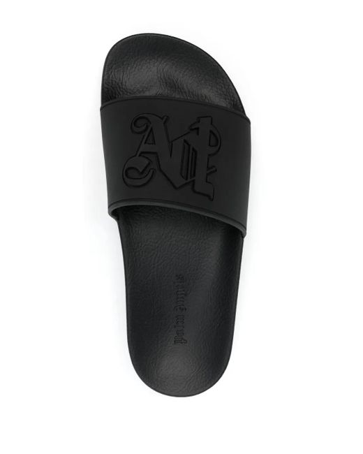 Sandali slides con logo goffrato di Palm Angels in Black